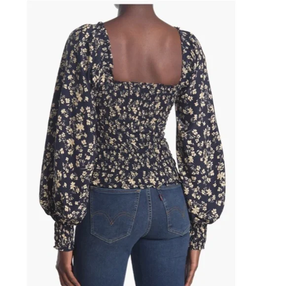 La Ligne Eloise Square Neck Balloon Sleeve Floral Print Silk Top Navy/Tan Size S